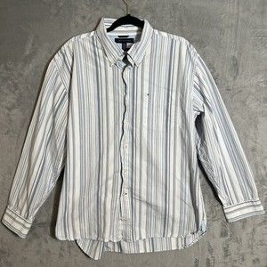 Tommy Hilfiger 80s Two Ply Fabric Striped Button Shirt‎ Long Sleeve Mens Size XL